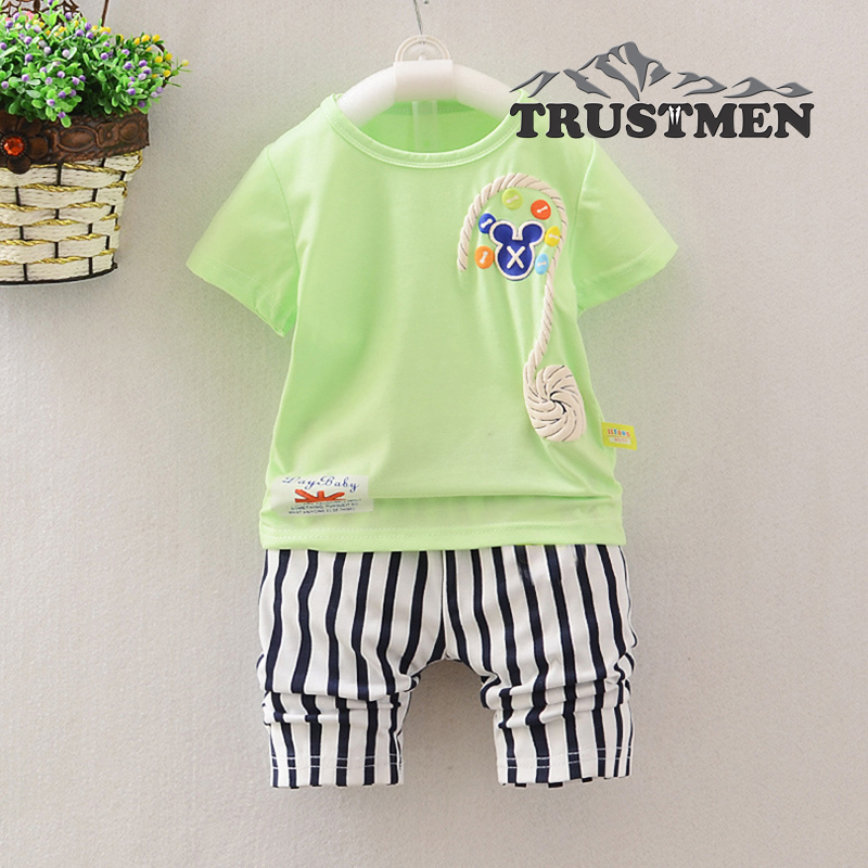 Bộ quần áo bé trai đính dây thừng Trustmen GLSET029 cotton tinh khiết màu xanh lá